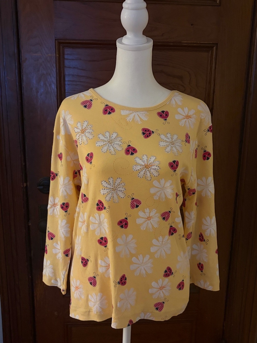 Morning Sun Ladybug Daisy Rhinestone 3/4 Sleeve Top M